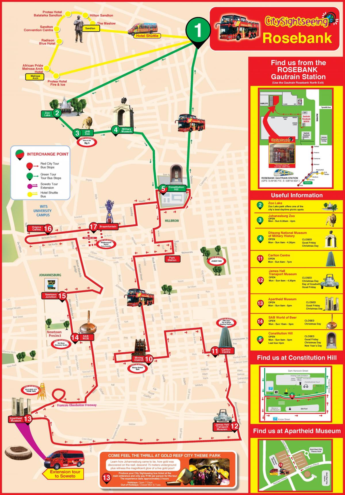 Plan du Hop On Hop Off bus tours de Johannesburg (Joburg Jozi)