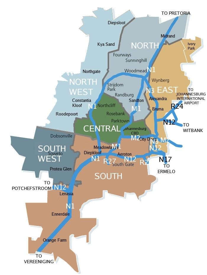 Plan des quartiers de Johannesburg (Joburg Jozi)