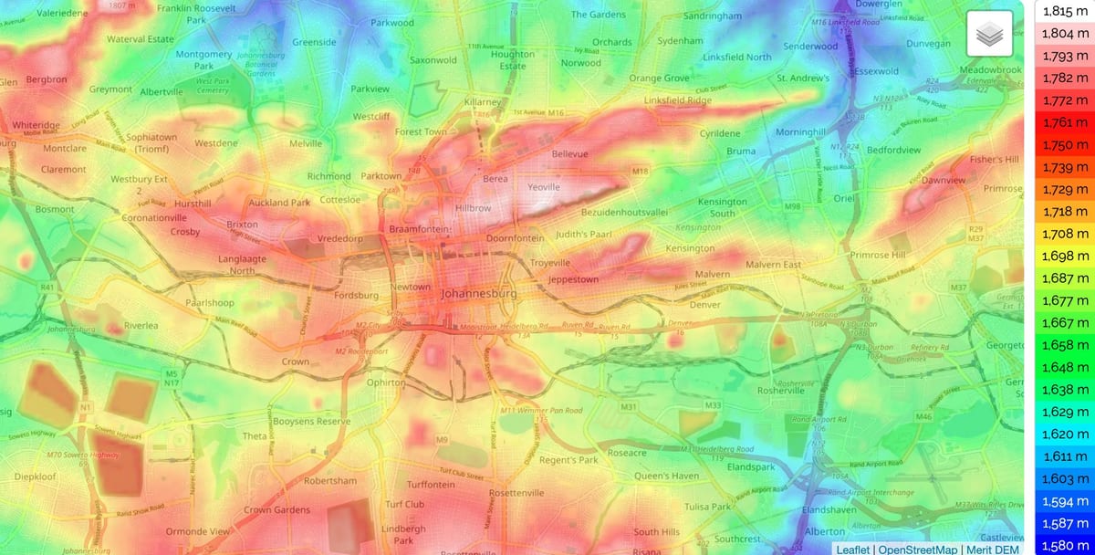 Plan de l'altitude de Johannesburg (Joburg Jozi)