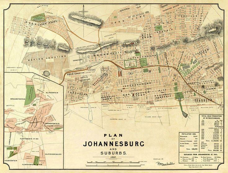 Plan antique de Johannesburg (Joburg Jozi)
